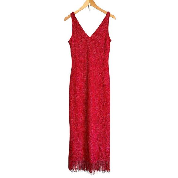 VTG 90s California Concepts sz LARGE DRESS Red Sparkle Lace Bodycon Maxi Formal - Picture 1 of 3